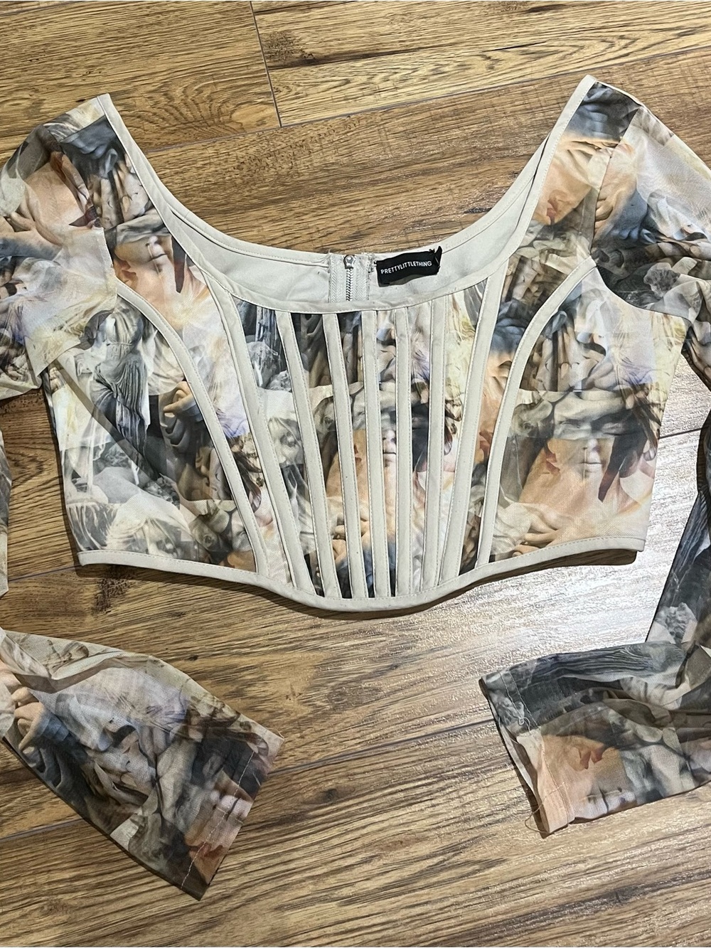 PrettyLittleThing Cream & Beige Sculpted Mesh Long Sleeve Crop Top